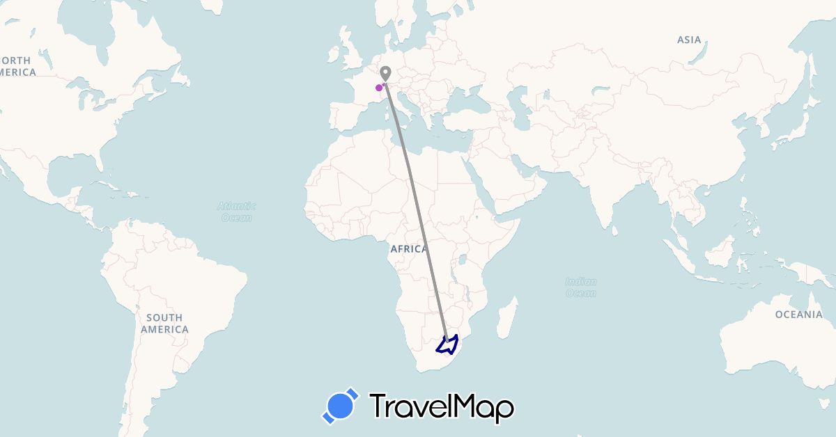 TravelMap itinerary: driving, bus, plane, train in Switzerland, Lesotho, South Africa (Africa, Europe)